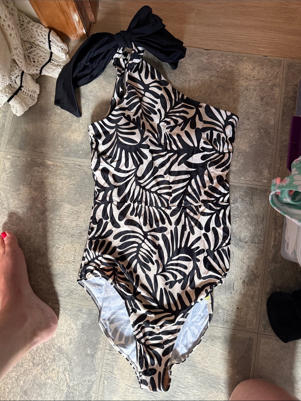 summersalt One-Shoulder Black and Cream Tropical Leaf One-Piece Swimsuit